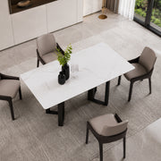 Modern Rectangular Dining Table with Marble-Look Top and Black Metal Base